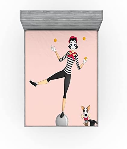 Ambesonne Cartoon Sheet Mime Girl Juggling with Puppy California King Dark Grey