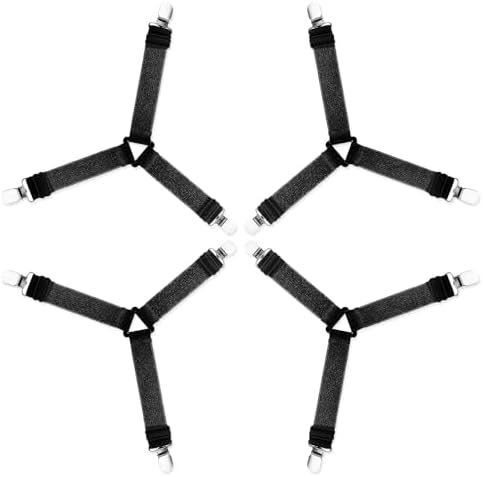 4Pcs Triangle Sheet Straps with Metal Clips - Adjustable Elastic Bed Sheet Holders Black