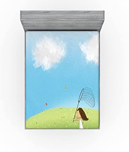 Ambesonne Cartoon Fitted Sheet Happy Girl Butterflies Spring Meadow