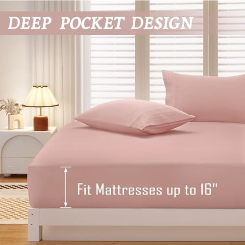 Soft Microfiber Full Fitted Sheet Set with Pillowcases 16 Deep Pocket Pink
