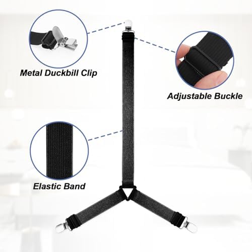 4Pcs Triangle Sheet Straps with Metal Clips - Adjustable Elastic Bed Sheet Holders Black