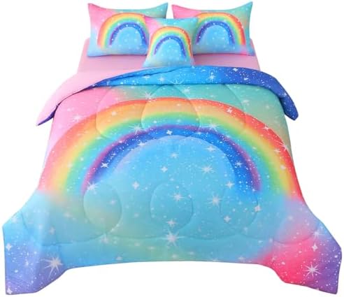 JQinHome Rainbow Comforter Set for Teen Girls