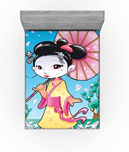 Ambesonne California King Sheet with Geisha Cartoon Print