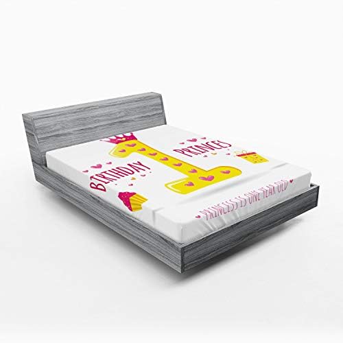 Ambesonne 1st Birthday Fitted Sheet Set - Yellow Hot Pink Cartoon Girl Design