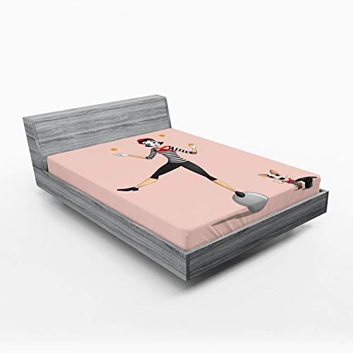 Ambesonne Cartoon Sheet Mime Girl Juggling with Puppy California King Dark Grey
