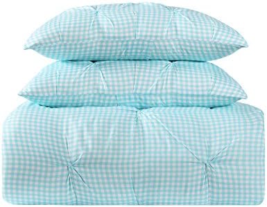 My World Printed Gingham Pinch Pleat Comforter Set Twin XL WhiteAqua
