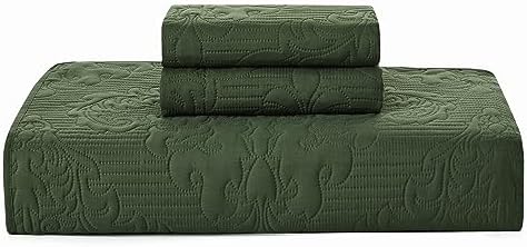 Hansleep Olive Green Quilt Queen Set - Damask Ultra Soft Bedspread 2 Pillow Shams