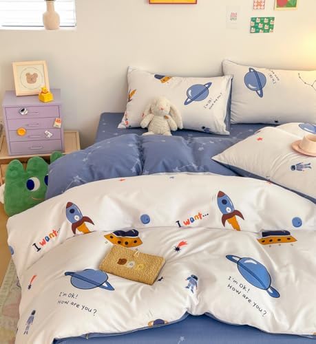 LIWHENHAO 100 Cotton Duvet Cover Set Queen with Space Cartoon Print