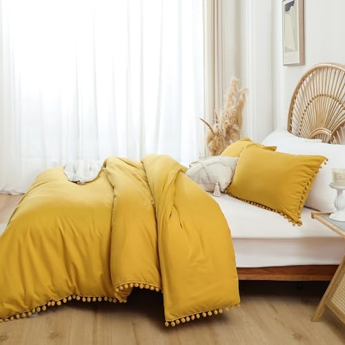 YIRDDEO Twin Comforter Set with Pom Fringe Mustard Yellow