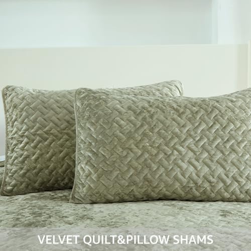 Liians Velvet Bedspread Comforter Set Queen Size Sage Green
