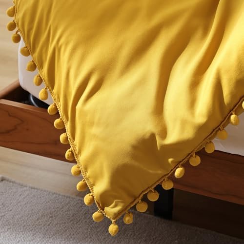YIRDDEO Twin Comforter Set with Pom Fringe Mustard Yellow