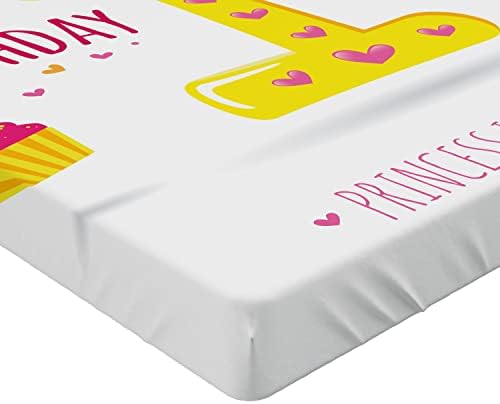 Ambesonne 1st Birthday Fitted Sheet Set - Yellow Hot Pink Cartoon Girl Design