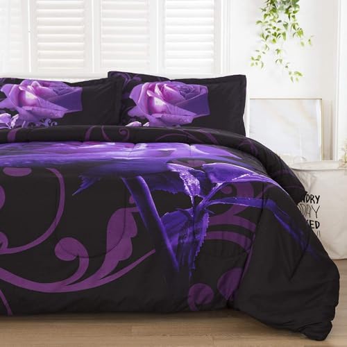 WONGS BEDDING Purple Rose Comforter Set Twin Reversible