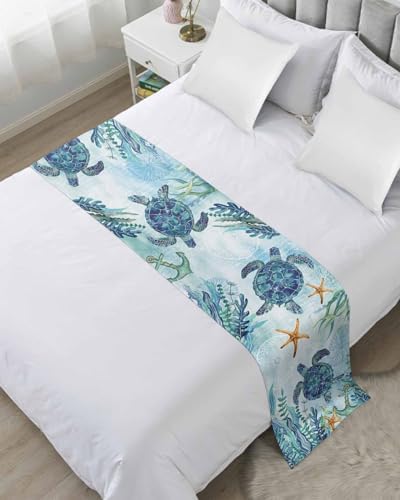 DecorLovee Coastal Sea Turtle Bed Runner Queen Size