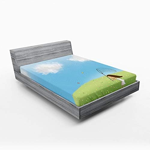Ambesonne Cartoon Fitted Sheet Happy Girl Butterflies Spring Meadow