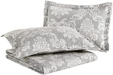 Laura Ashley Queen Quilt Set with Shams Venetia Grey 100 Cotton Reversible Bedding