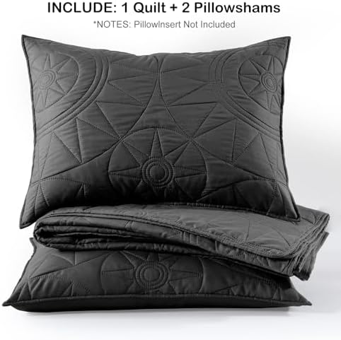 HORIMOTE HOME Queen Quilt Set - Black Microfiber Bedspread with 2 Shams