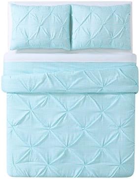 My World Printed Gingham Pinch Pleat Comforter Set Twin XL WhiteAqua