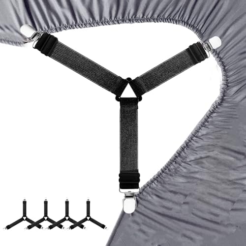 4Pcs Triangle Sheet Straps with Metal Clips - Adjustable Elastic Bed Sheet Holders Black