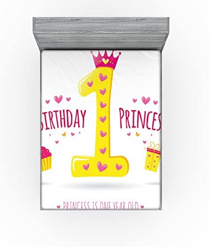 Ambesonne 1st Birthday Fitted Sheet Set - Yellow Hot Pink Cartoon Girl Design