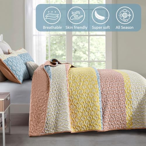 Boho Queen Quilt Set with 3 Pieces Striped Coverlet