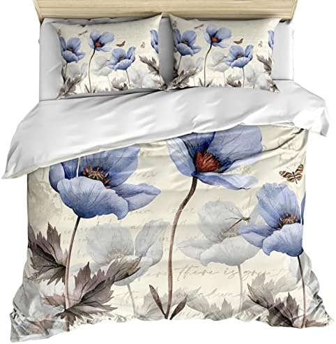 OComster California King Duvet Cover Set - Blue Tulip Flower 3 Pieces