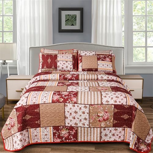 YASMENG 3-Piece Floral Plaid Quilt Set King
