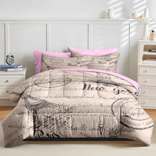 Nesker 7 Pcs Queen Comforter Set with Eiffel Tower Design