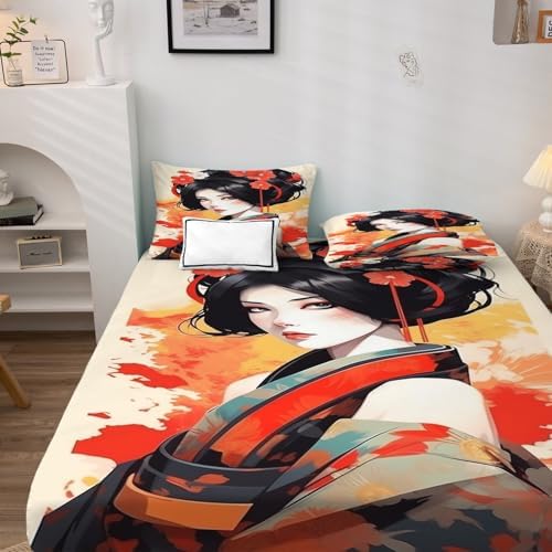 Japanese Sheets California King Set - Patterned Microfiber Sheets Pillowcases Wrinkle Free Soft