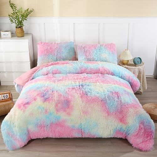 WINLIFE Rainbow Tie Dye Faux Fur Comforter Set Twin