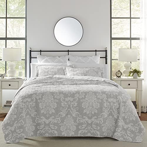 Laura Ashley Queen Quilt Set with Shams Venetia Grey 100 Cotton Reversible Bedding