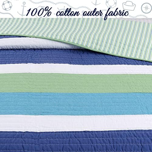 Cozy Line Waylon Navy Blue Green White Striped 100 Cotton Reversible Quilt Set