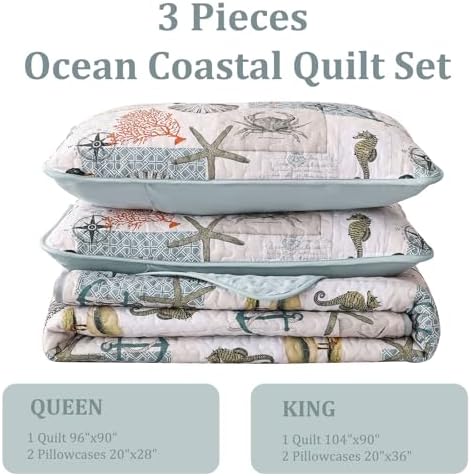 Djoymock Ocean Quilt Set Queen 3 Piece Summer Bedding