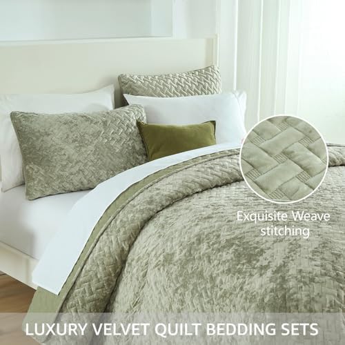 Liians Velvet Bedspread Comforter Set Queen Size Sage Green
