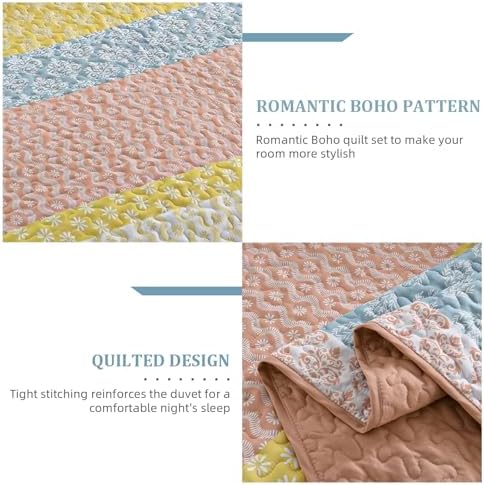 Boho Queen Quilt Set with 3 Pieces Striped Coverlet
