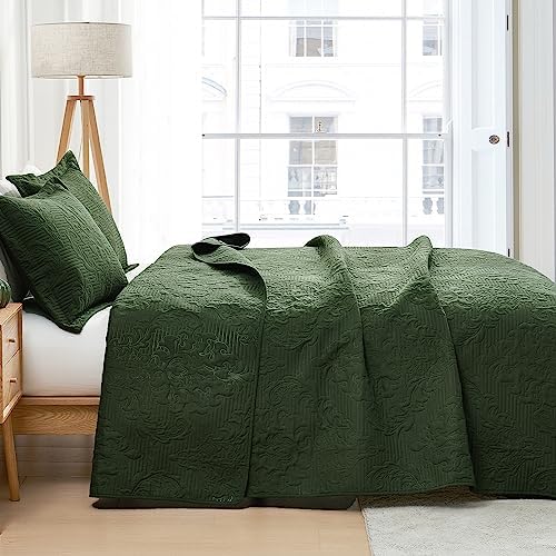 Hansleep Olive Green Quilt Queen Set - Damask Ultra Soft Bedspread 2 Pillow Shams