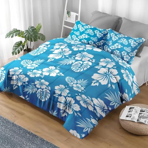 Pamnest Queen Comforter Set Blue Hawaiian Flower 3 Pcs