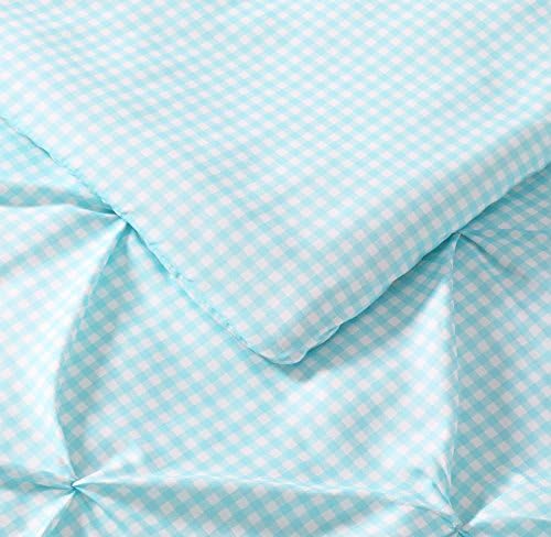 My World Printed Gingham Pinch Pleat Comforter Set Twin XL WhiteAqua