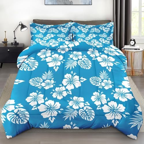 Pamnest Queen Comforter Set Blue Hawaiian Flower 3 Pcs