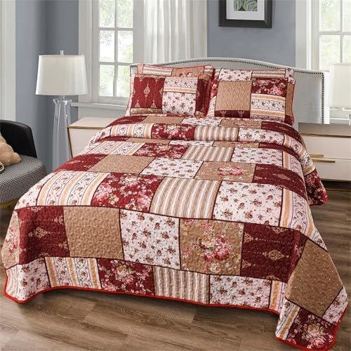 YASMENG 3-Piece Floral Plaid Quilt Set King