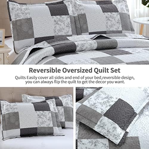 Jessy Home Modern Queen Bedspread Quilt Set - Grey Paisley Floral Plaid Reversible