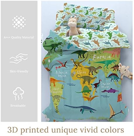 BlessLiving Toddler Bedding Set - Dinosaur Map Green 4 Piece