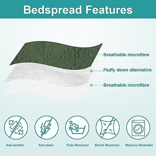 Hansleep Olive Green Quilt Queen Set - Damask Ultra Soft Bedspread 2 Pillow Shams