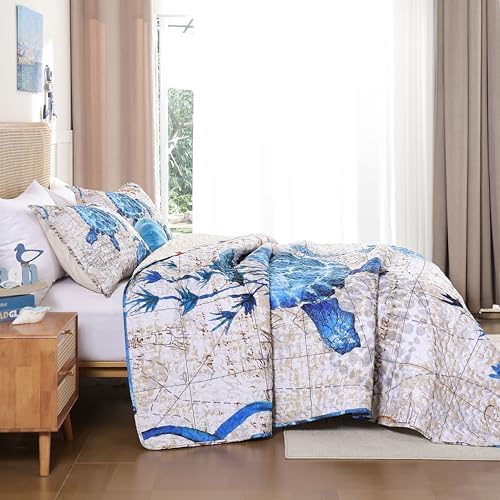 Weigelia Coastal Queen Quilt Set - Sea Turtles Nautical Design