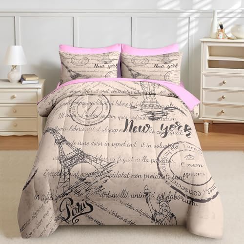 Nesker 7 Pcs Queen Comforter Set with Eiffel Tower Design