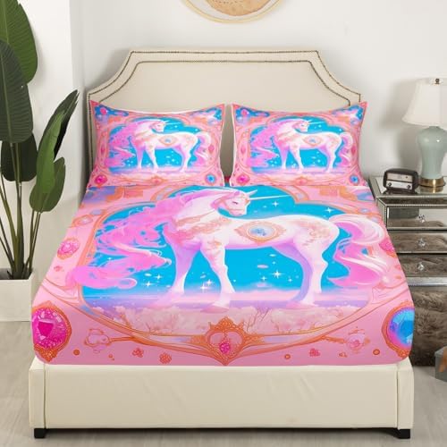 Manfei Unicorn Kids Fitted Sheet Set with 2 Pillowcases
