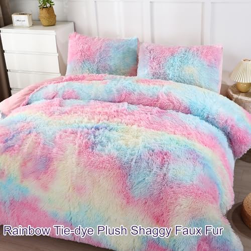 WINLIFE Rainbow Tie Dye Faux Fur Comforter Set Twin