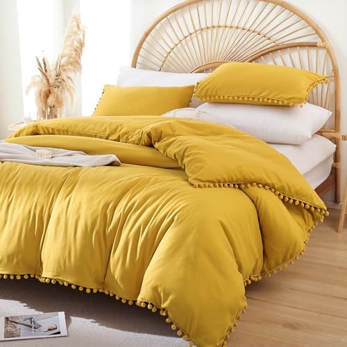 YIRDDEO Twin Comforter Set with Pom Fringe Mustard Yellow