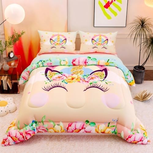 Namoxpa Unicorn Comforter Set Floral Pink 3D Pattern
