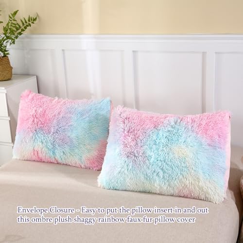 WINLIFE Rainbow Tie Dye Faux Fur Comforter Set Twin